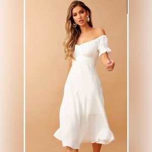 NWOT Strapless white satin midi dress